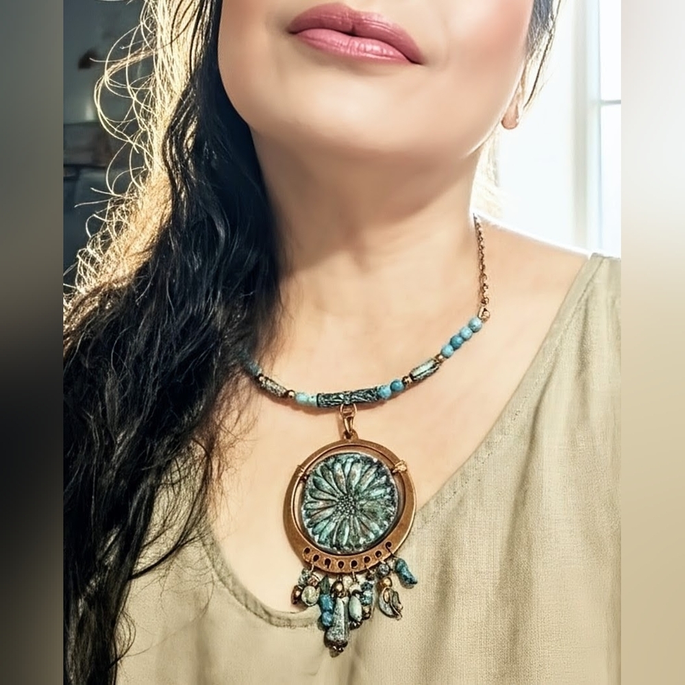 Rugged & Weathered Roman Inspired Empress Verdigris Clay & Turquoise Necklace - Picture 9 of 11